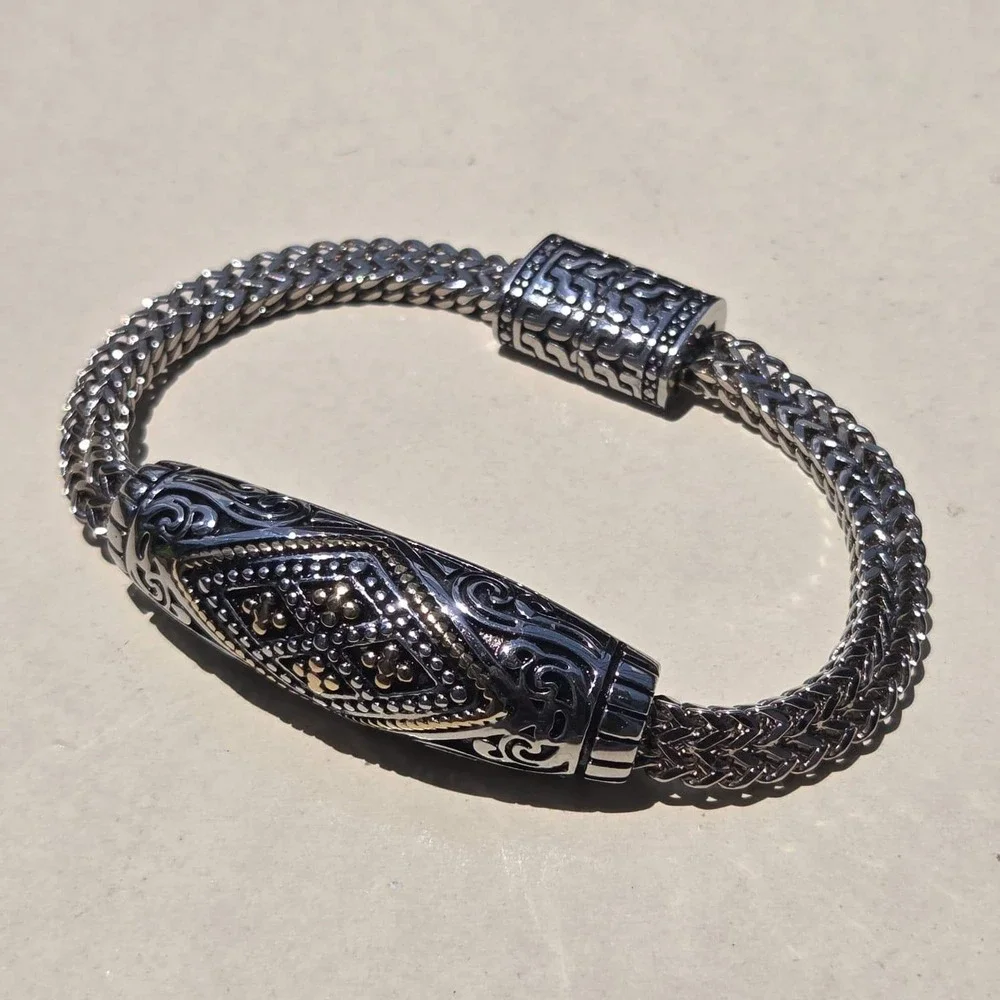 Stainless Steel Wheat Chain Bracelet 8.5 Inch Silver Gold Tone Ornate Magnetic